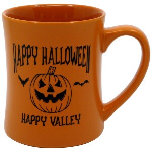 orange mug with Happy Halloween, Happy Valley, carved pumpkin, and bats